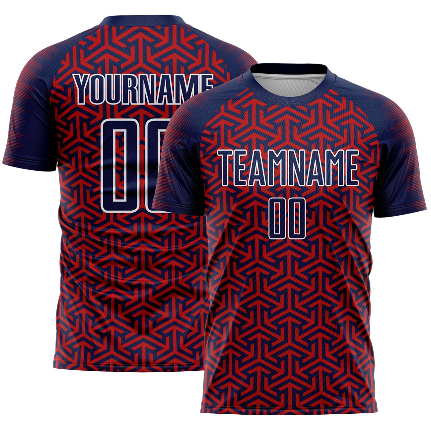 Custom Navy Red-White Geometric Arrow Sublimation Soccer Uniform Jersey - Main View