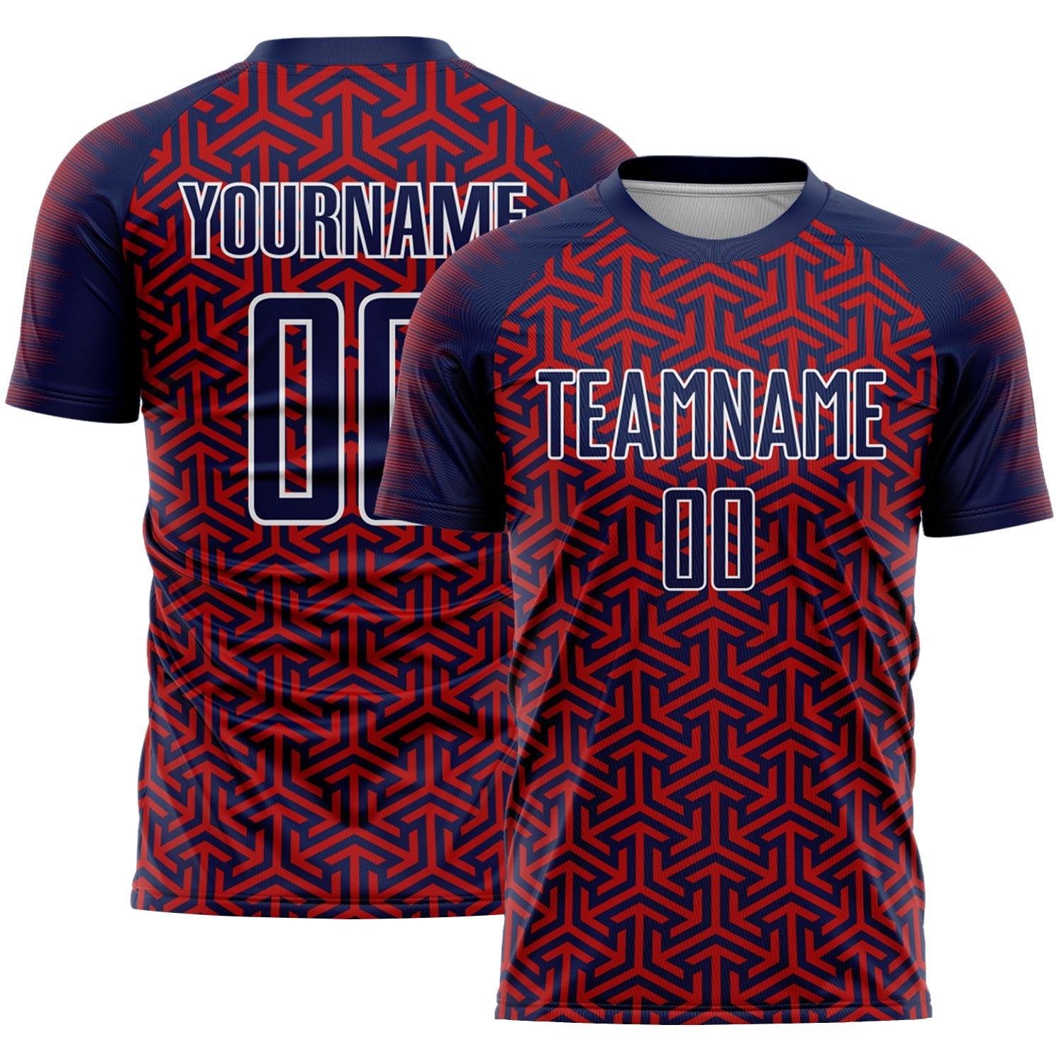 Custom Navy Red-White Geometric Arrow Sublimation Soccer Uniform Jersey - Main View