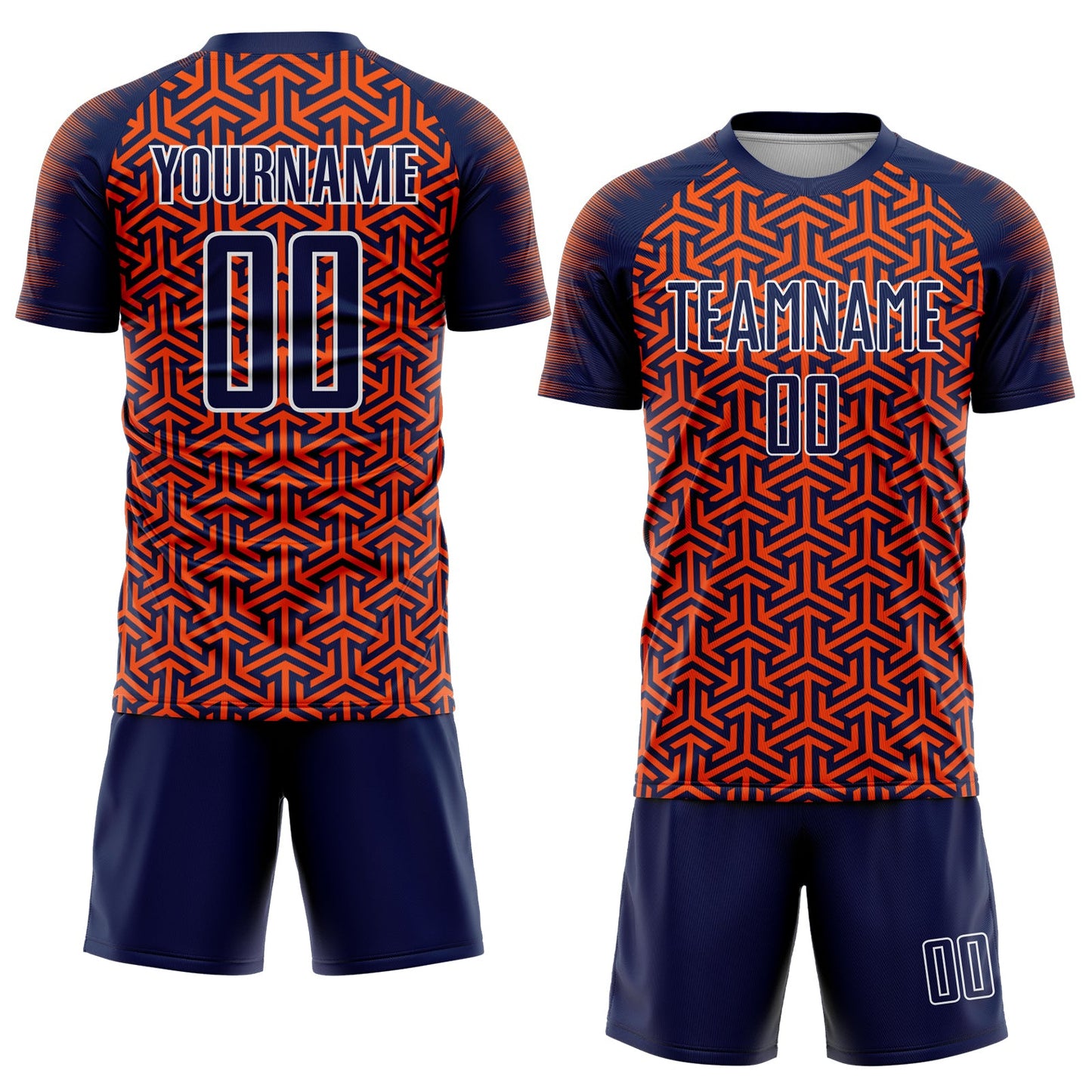 Custom Navy Orange-White Geometric Arrow Sublimation Soccer Uniform Jersey view 2