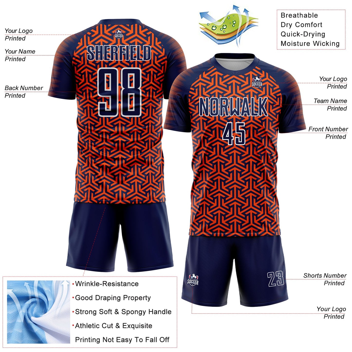 Custom Navy Orange-White Geometric Arrow Sublimation Soccer Uniform Jersey view 4