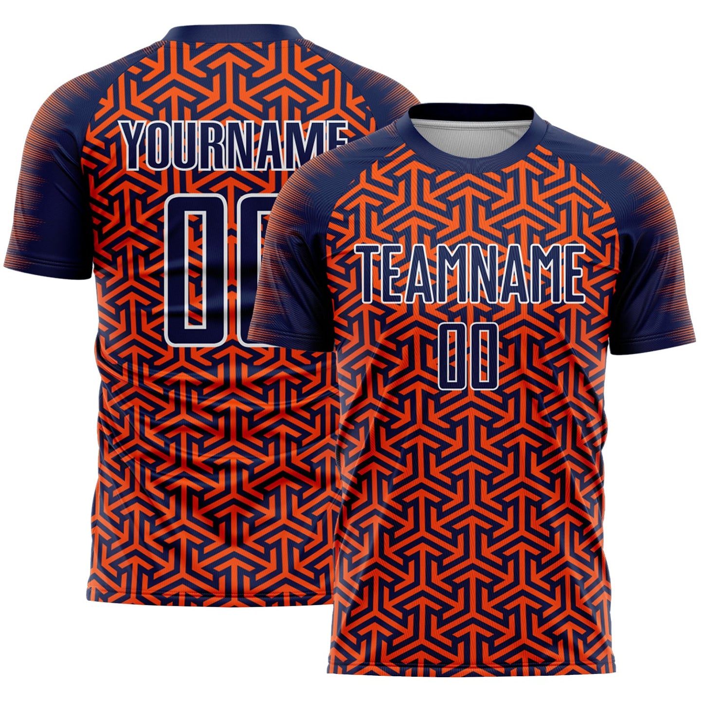 Custom Navy Orange-White Geometric Arrow Sublimation Soccer Uniform Jersey - Main View