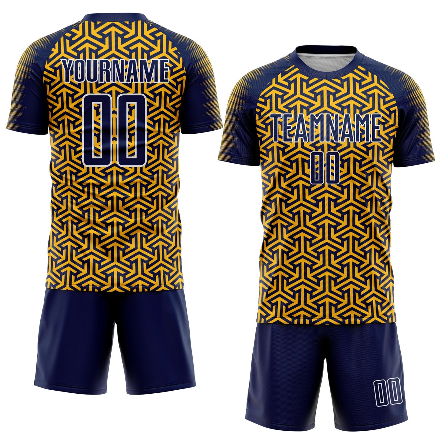 Custom Navy Gold-White Geometric Arrow Sublimation Soccer Uniform Jersey view 2