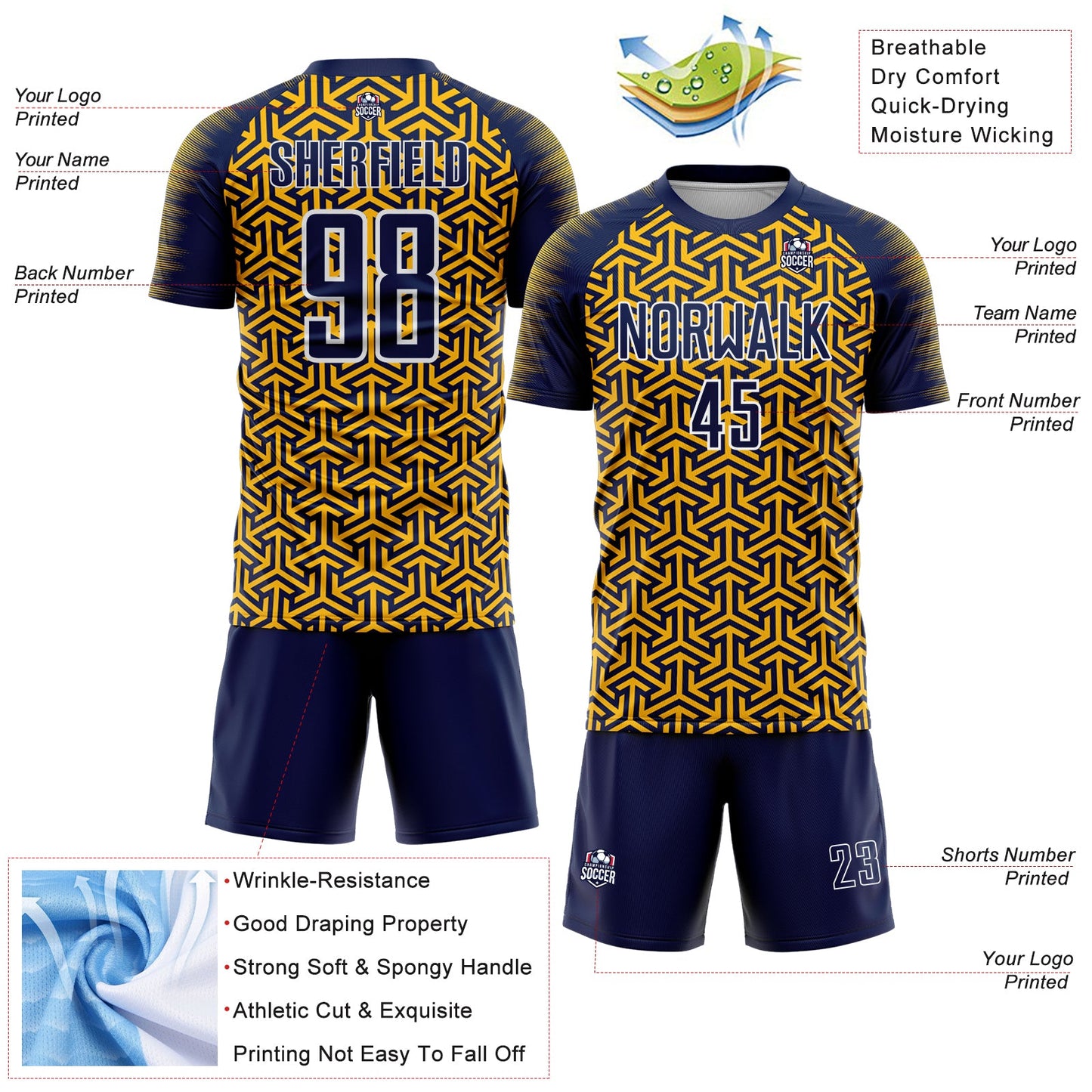 Custom Navy Gold-White Geometric Arrow Sublimation Soccer Uniform Jersey view 4