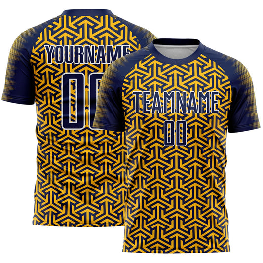 Custom Navy Gold-White Geometric Arrow Sublimation Soccer Uniform Jersey - Main View