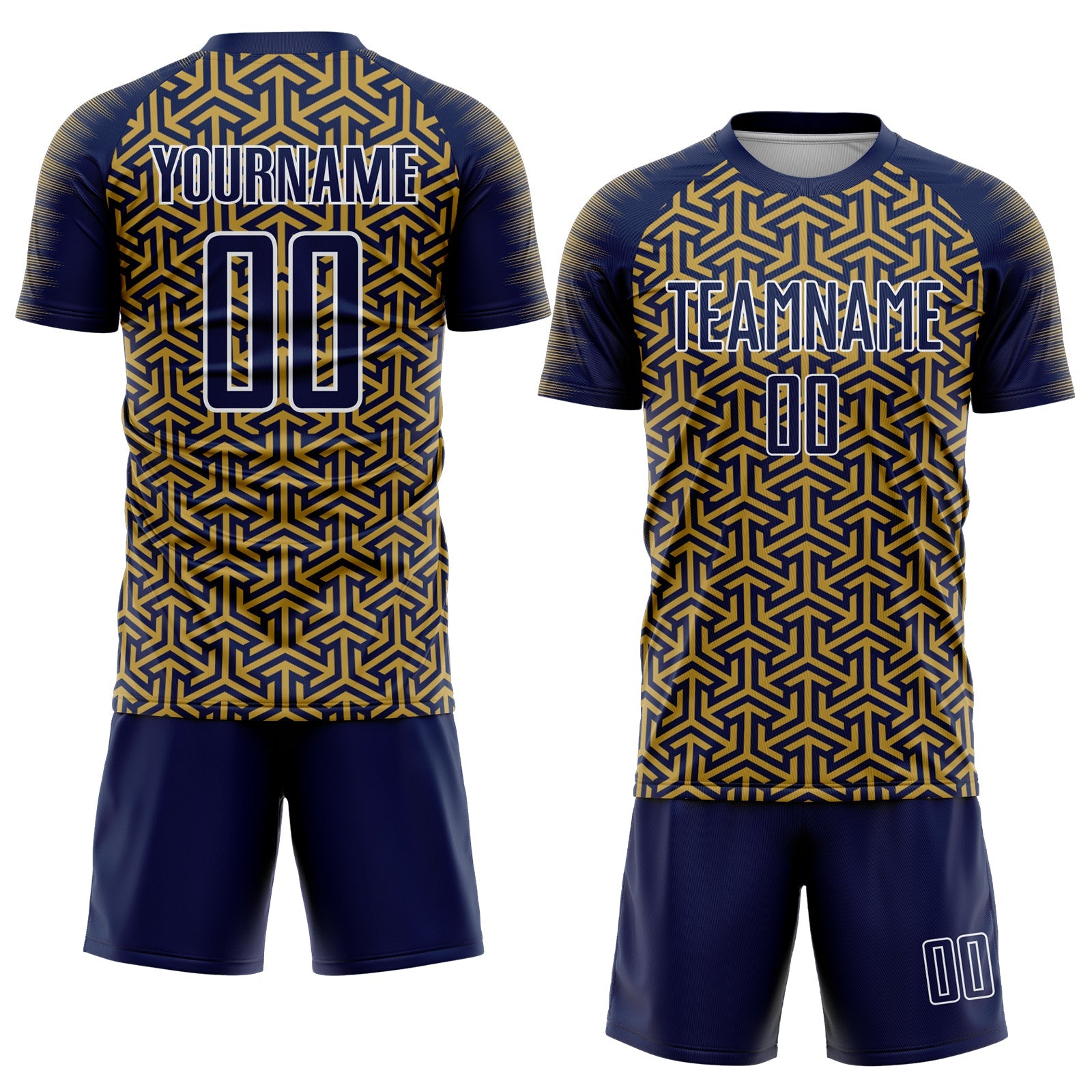 Custom Navy Old Gold-White Geometric Arrow Sublimation Soccer Uniform Jersey view 2