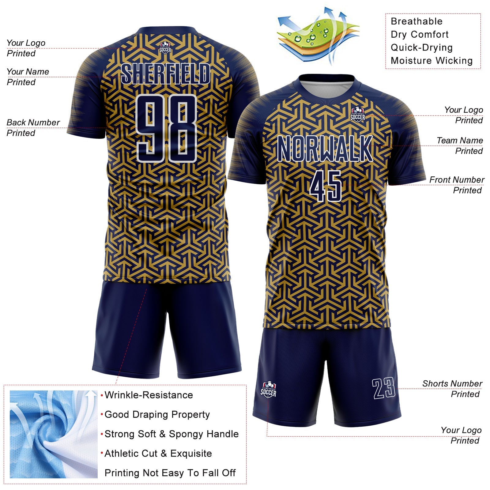 Custom Navy Old Gold-White Geometric Arrow Sublimation Soccer Uniform Jersey view 4