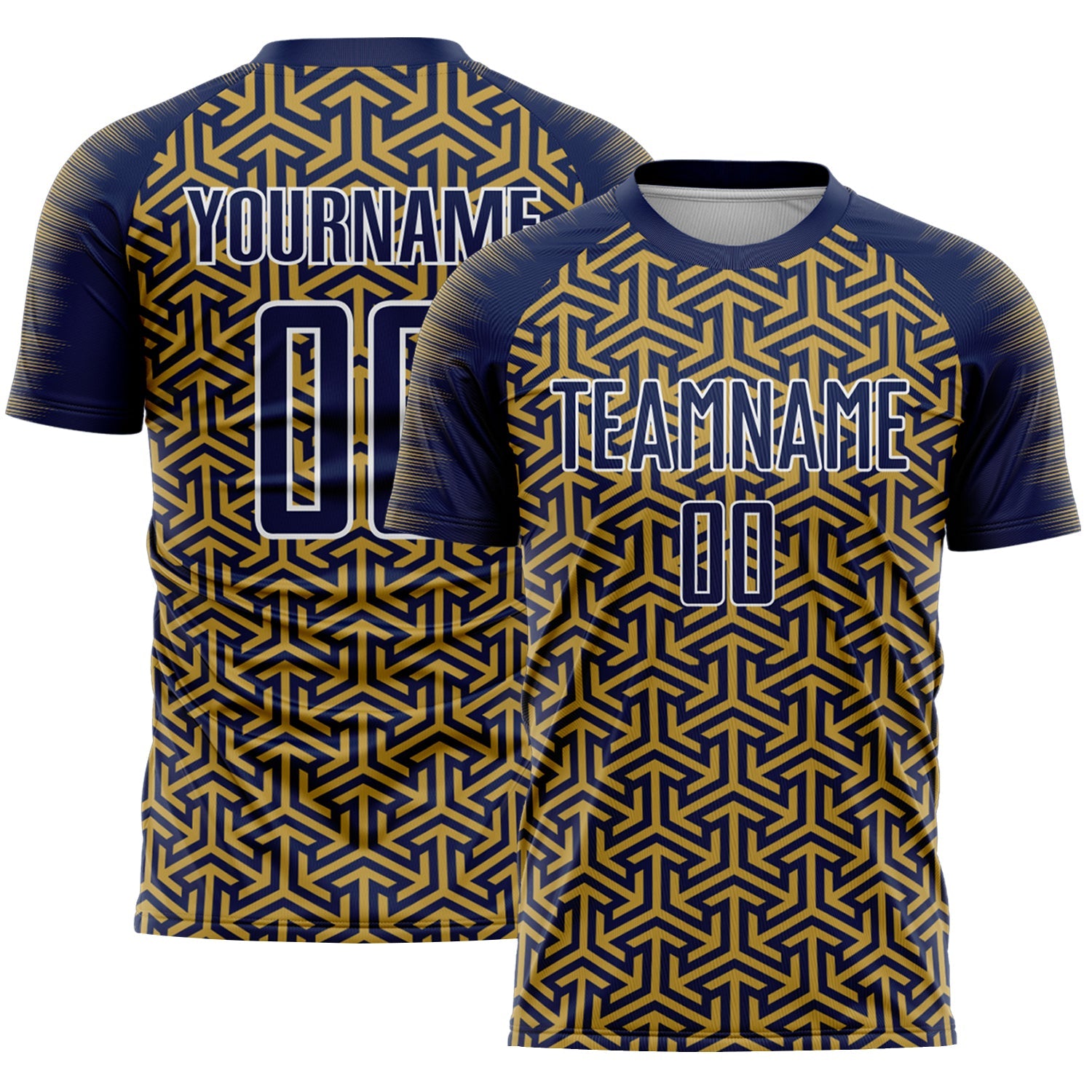 Custom Navy Old Gold-White Geometric Arrow Sublimation Soccer Uniform Jersey - Main View