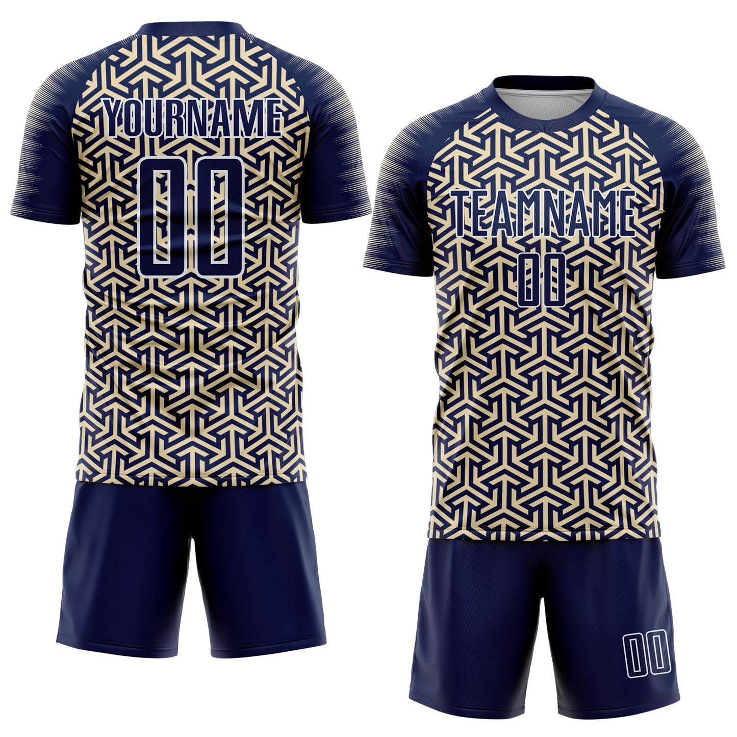 Custom Navy Cream-White Geometric Arrow Sublimation Soccer Uniform Jersey view 2