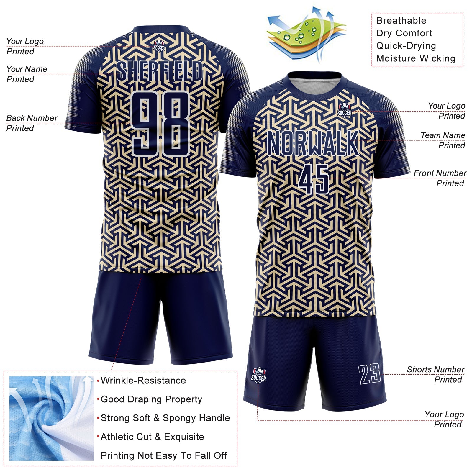 Custom Navy Cream-White Geometric Arrow Sublimation Soccer Uniform Jersey view 4