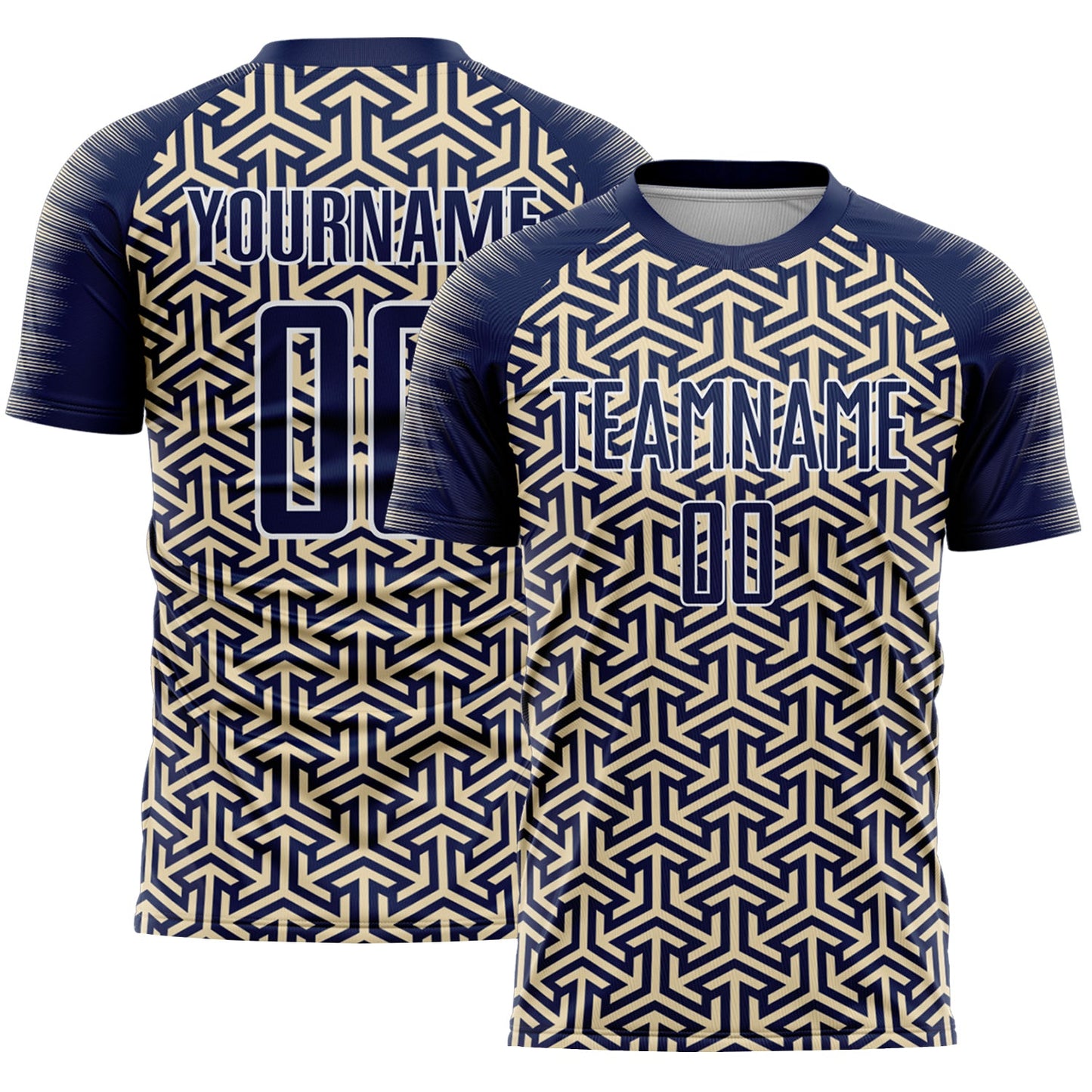 Custom Navy Cream-White Geometric Arrow Sublimation Soccer Uniform Jersey - Main View