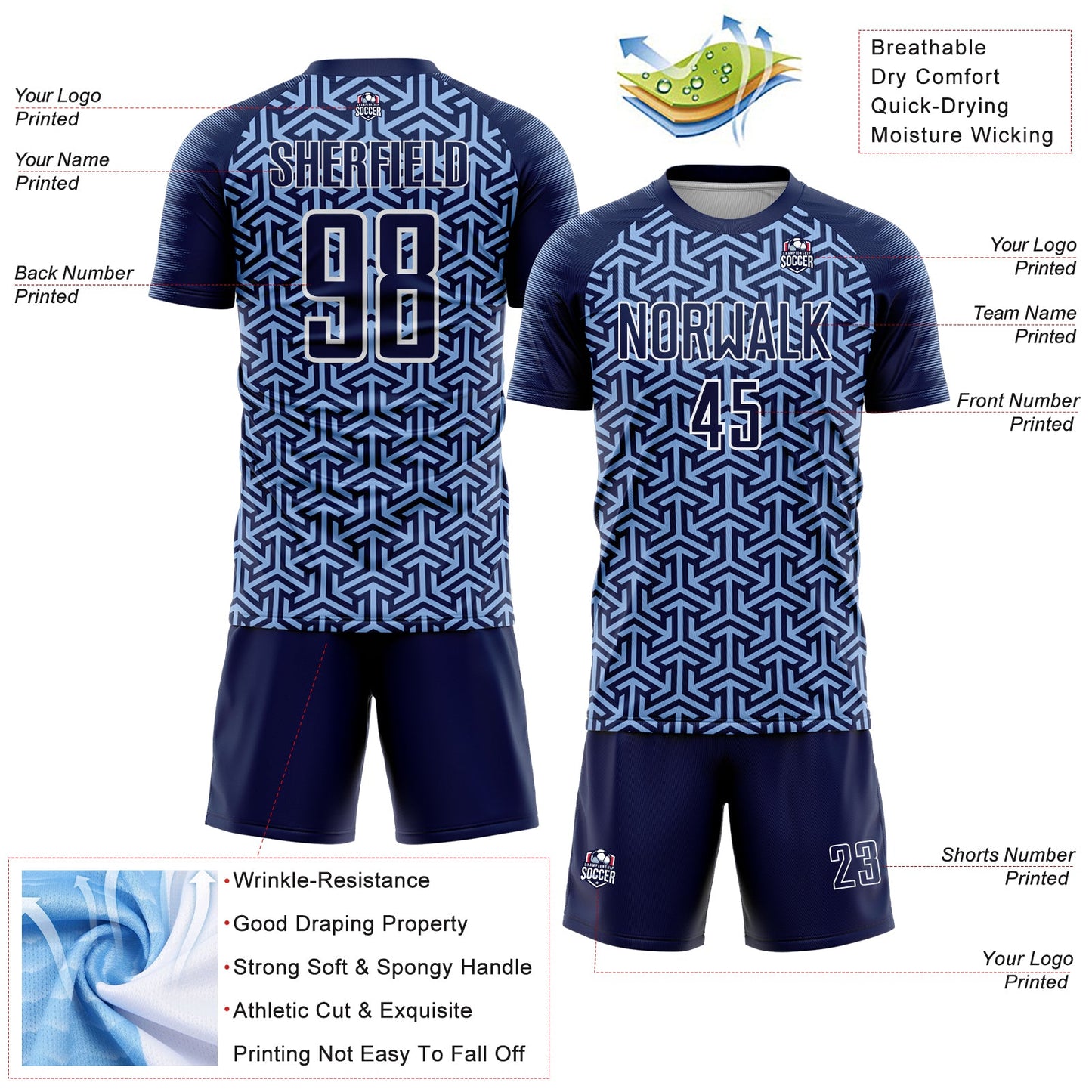 Custom Navy Light Blue-White Geometric Arrow Sublimation Soccer Uniform Jersey view 4