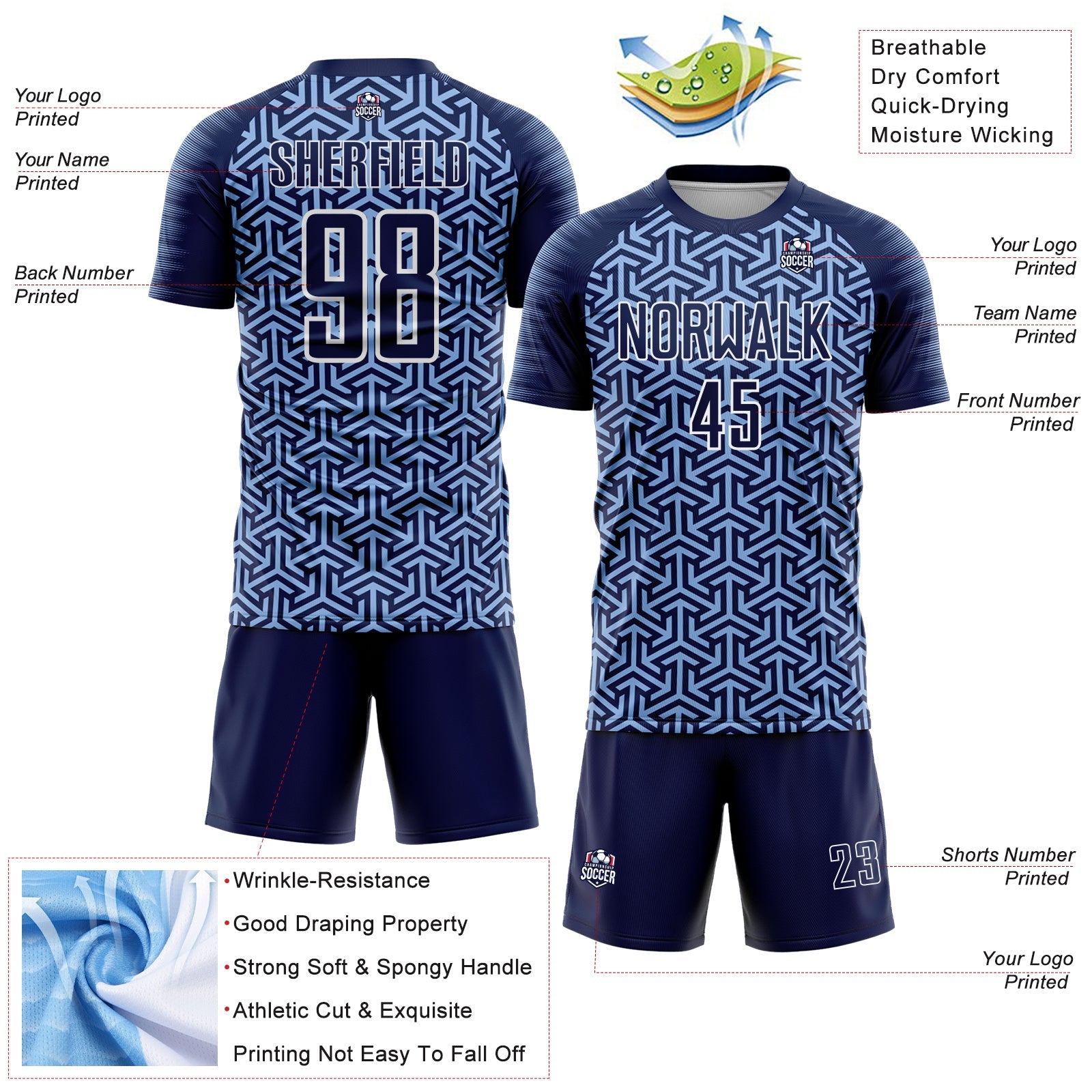Custom Navy Light Blue-White Geometric Arrow Sublimation Soccer Uniform Jersey view 4