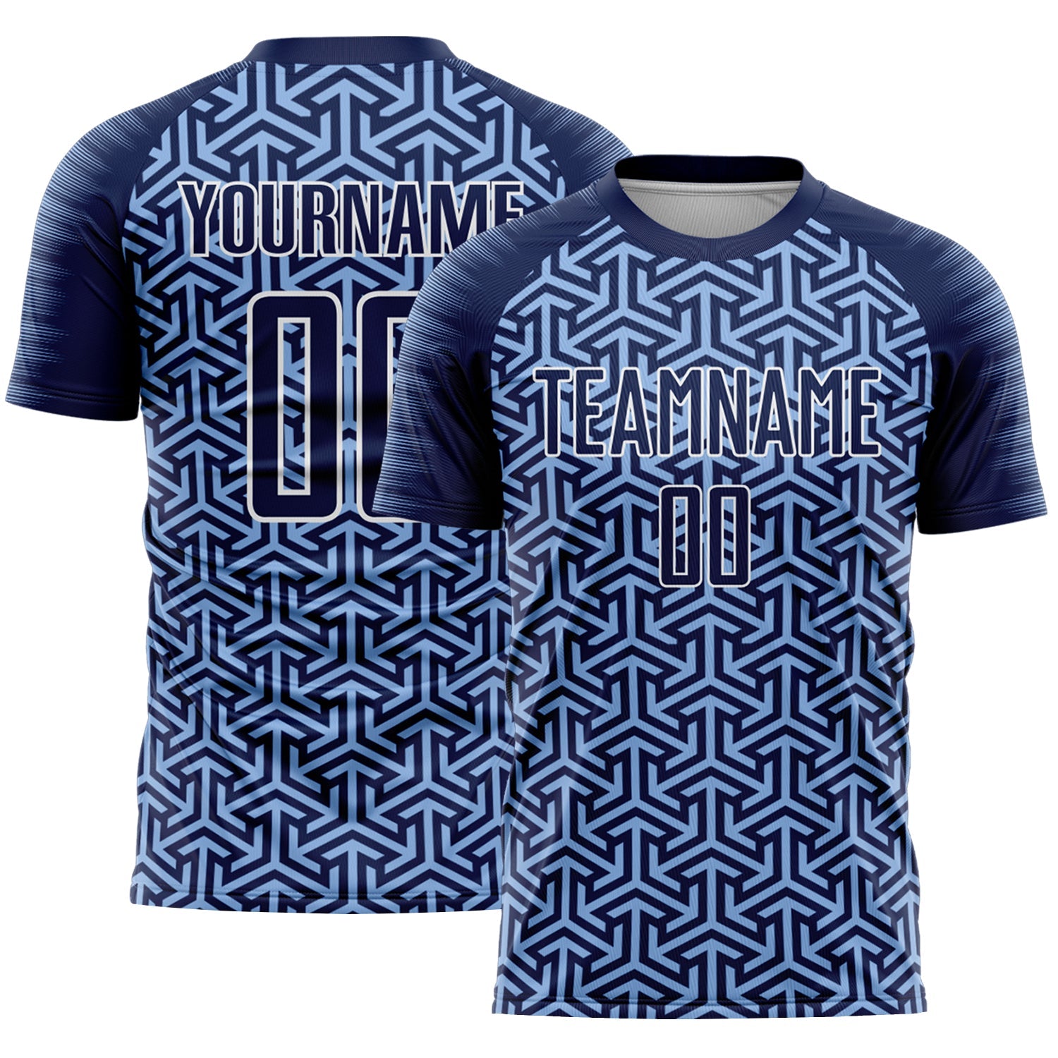 Custom Navy Light Blue-White Geometric Arrow Sublimation Soccer Uniform Jersey - Main View