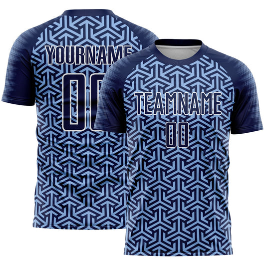 Custom Navy Light Blue-White Geometric Arrow Sublimation Soccer Uniform Jersey - Main View