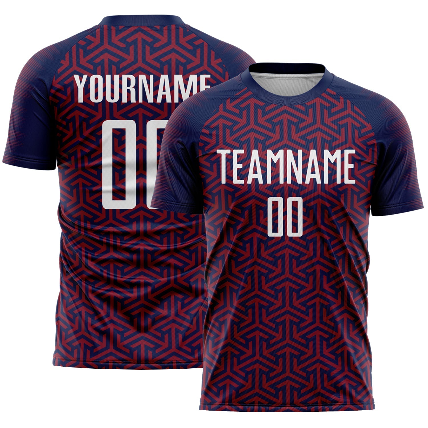 Custom Navy White-Crimson Geometric Arrow Sublimation Soccer Uniform Jersey - Main View