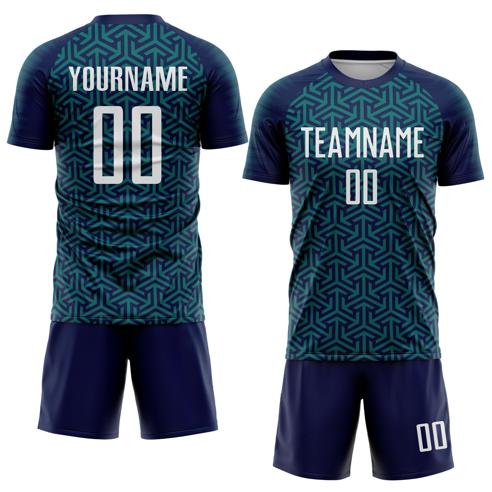 Custom Navy White-Teal Geometric Arrow Sublimation Soccer Uniform Jersey view 2