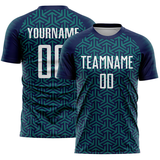 Custom Navy White-Teal Geometric Arrow Sublimation Soccer Uniform Jersey - Main View