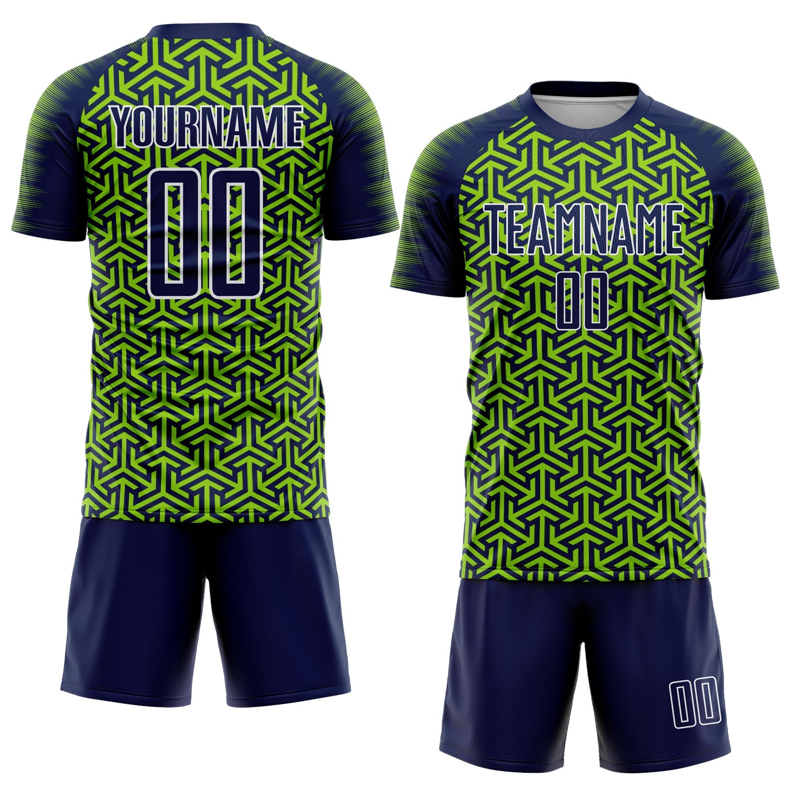 Custom Navy Neon Green-White Geometric Arrow Sublimation Soccer Uniform Jersey view 2