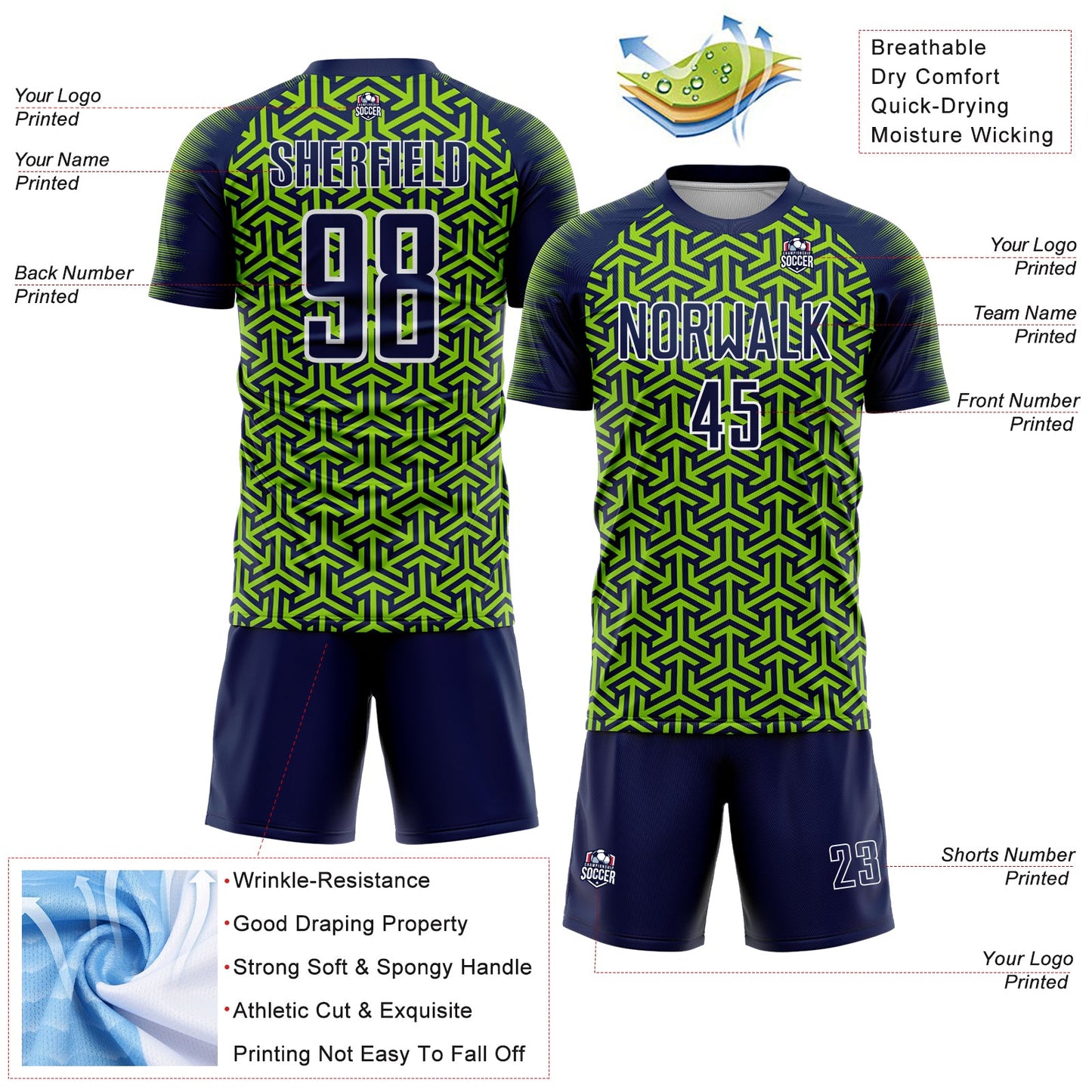 Custom Navy Neon Green-White Geometric Arrow Sublimation Soccer Uniform Jersey view 4
