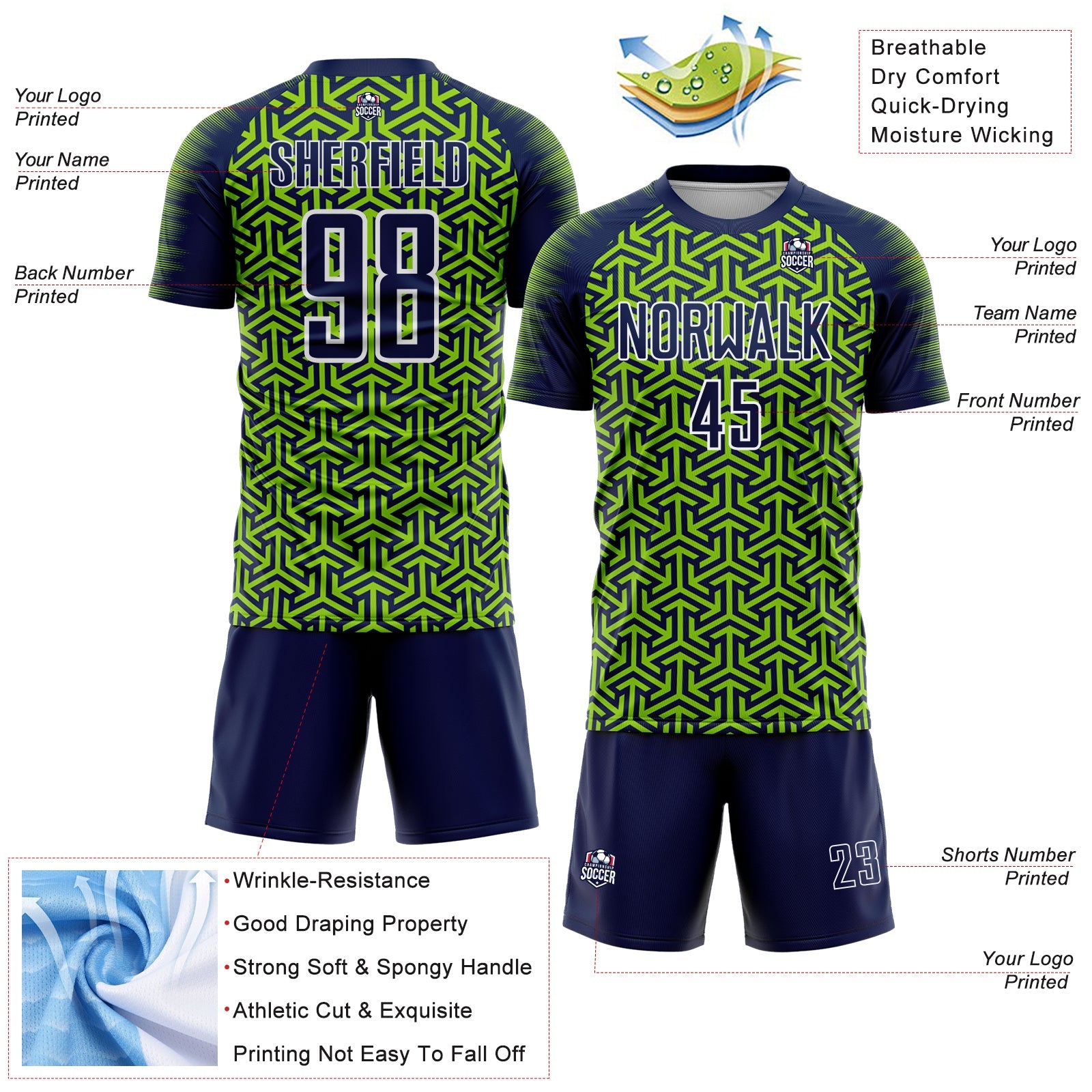 Custom Navy Neon Green-White Geometric Arrow Sublimation Soccer Uniform Jersey view 4