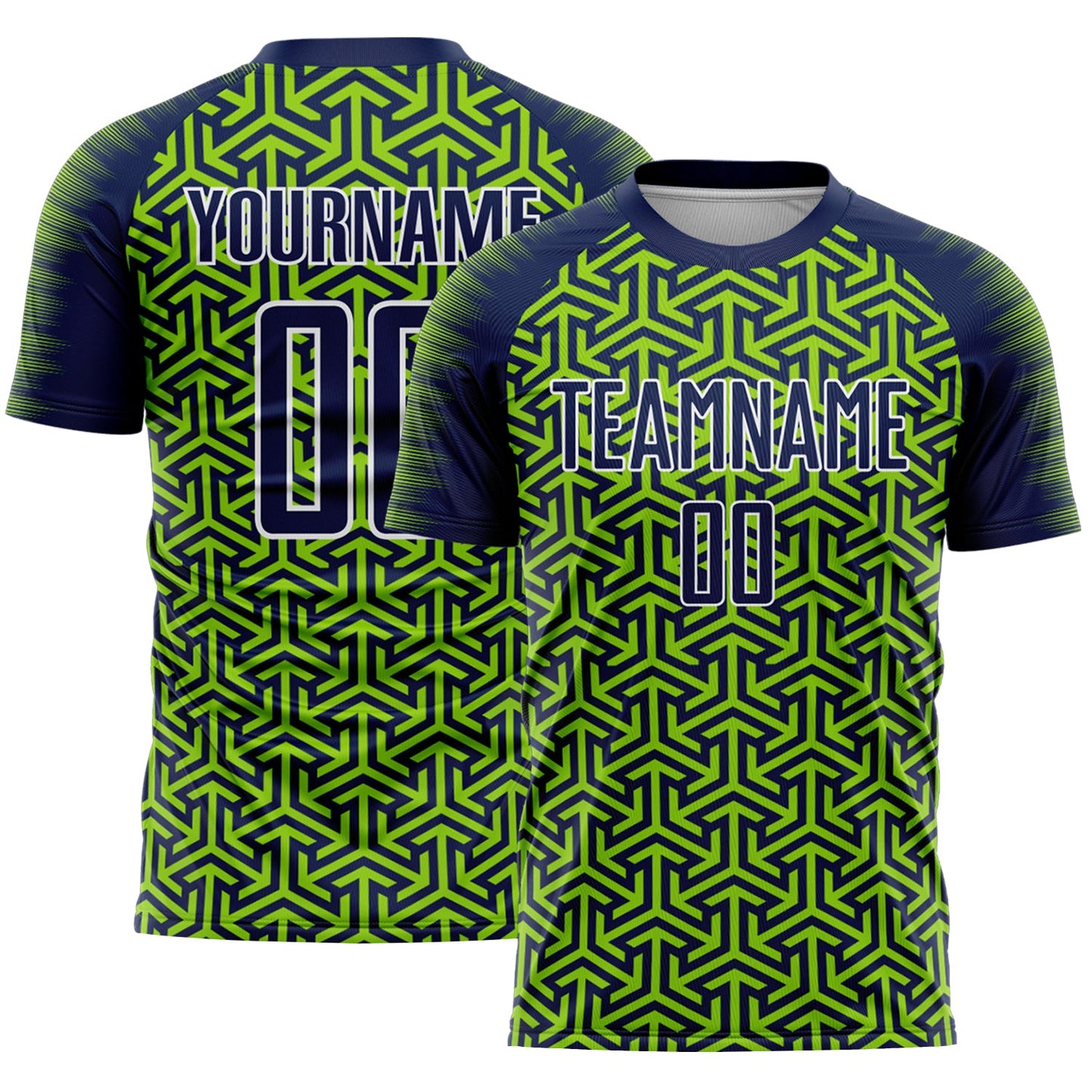 Custom Navy Neon Green-White Geometric Arrow Sublimation Soccer Uniform Jersey - Main View