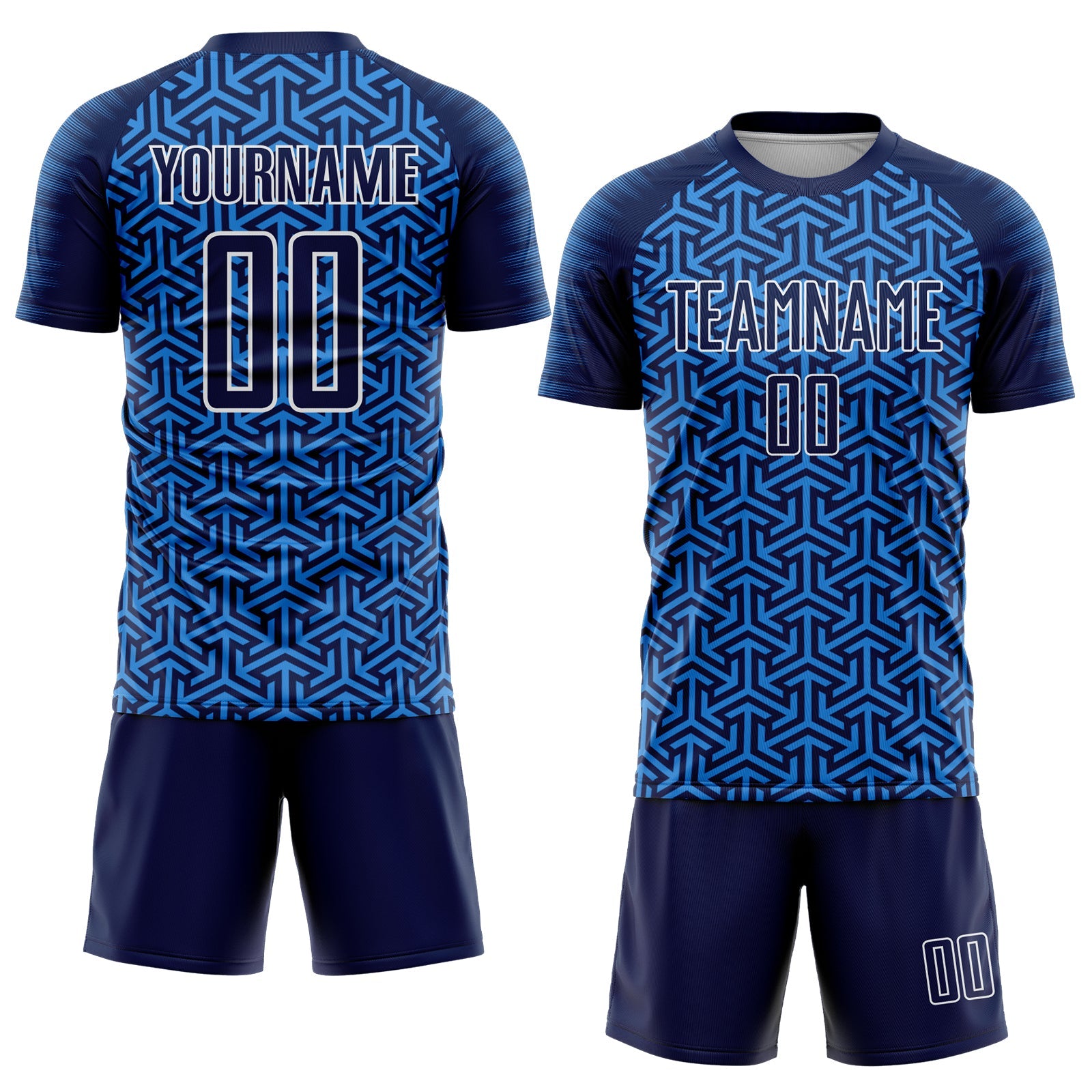 Custom Navy Powder Blue-White Geometric Arrow Sublimation Soccer Uniform Jersey view 2