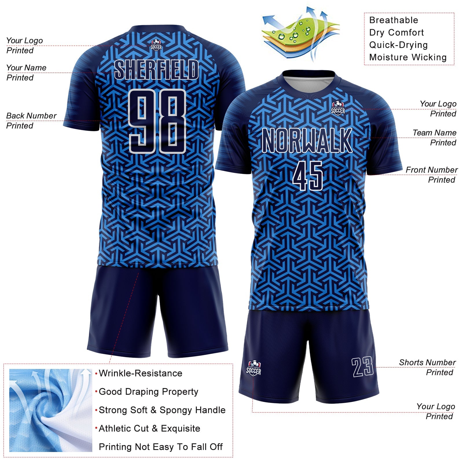 Custom Navy Powder Blue-White Geometric Arrow Sublimation Soccer Uniform Jersey view 4