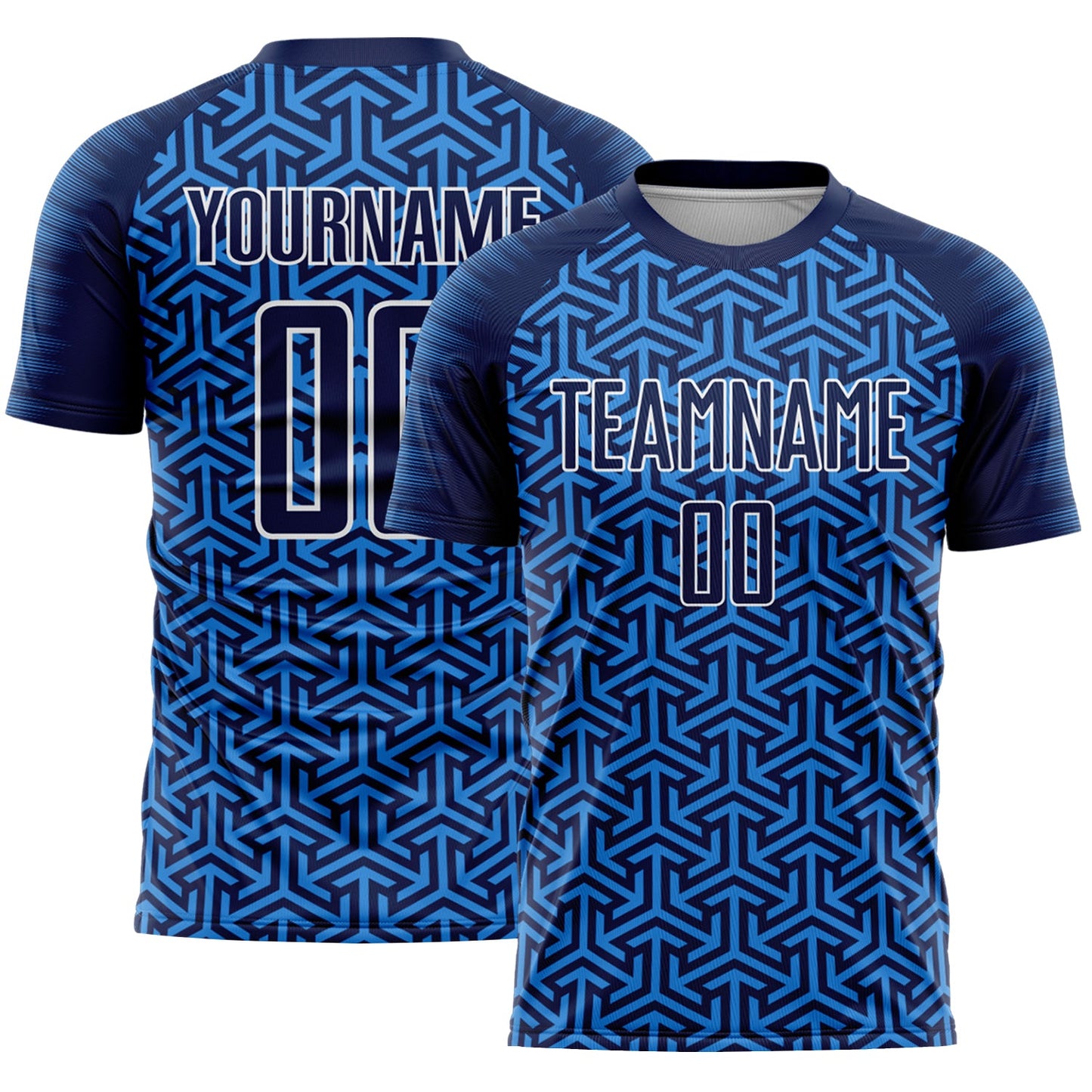 Custom Navy Powder Blue-White Geometric Arrow Sublimation Soccer Uniform Jersey - Main View