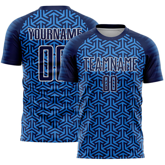 Custom Navy Powder Blue-White Geometric Arrow Sublimation Soccer Uniform Jersey - Main View
