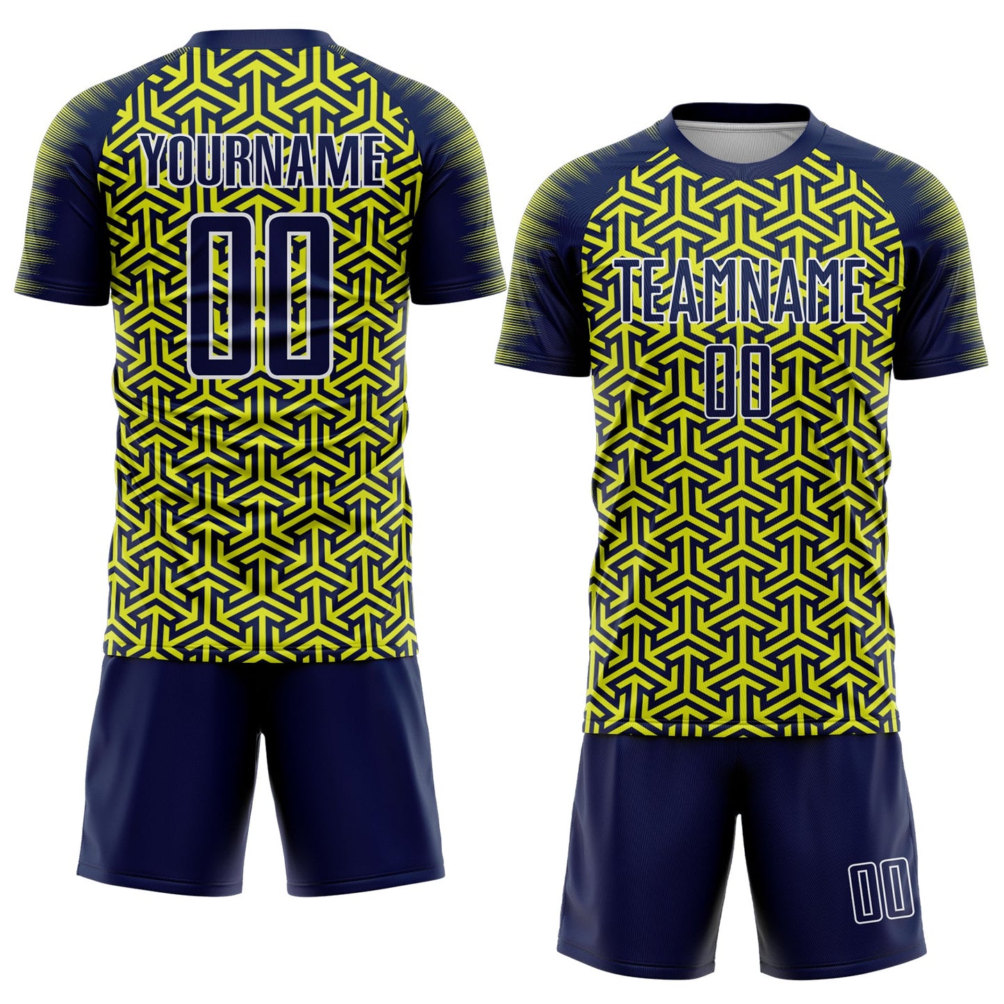 Custom Navy Neon Yellow-White Geometric Arrow Sublimation Soccer Uniform Jersey view 2