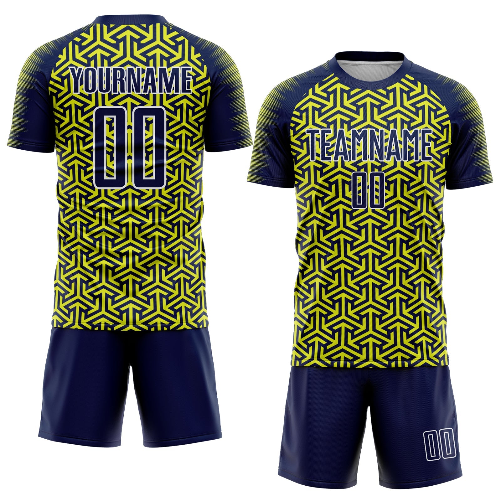 Custom Navy Neon Yellow-White Geometric Arrow Sublimation Soccer Uniform Jersey view 2