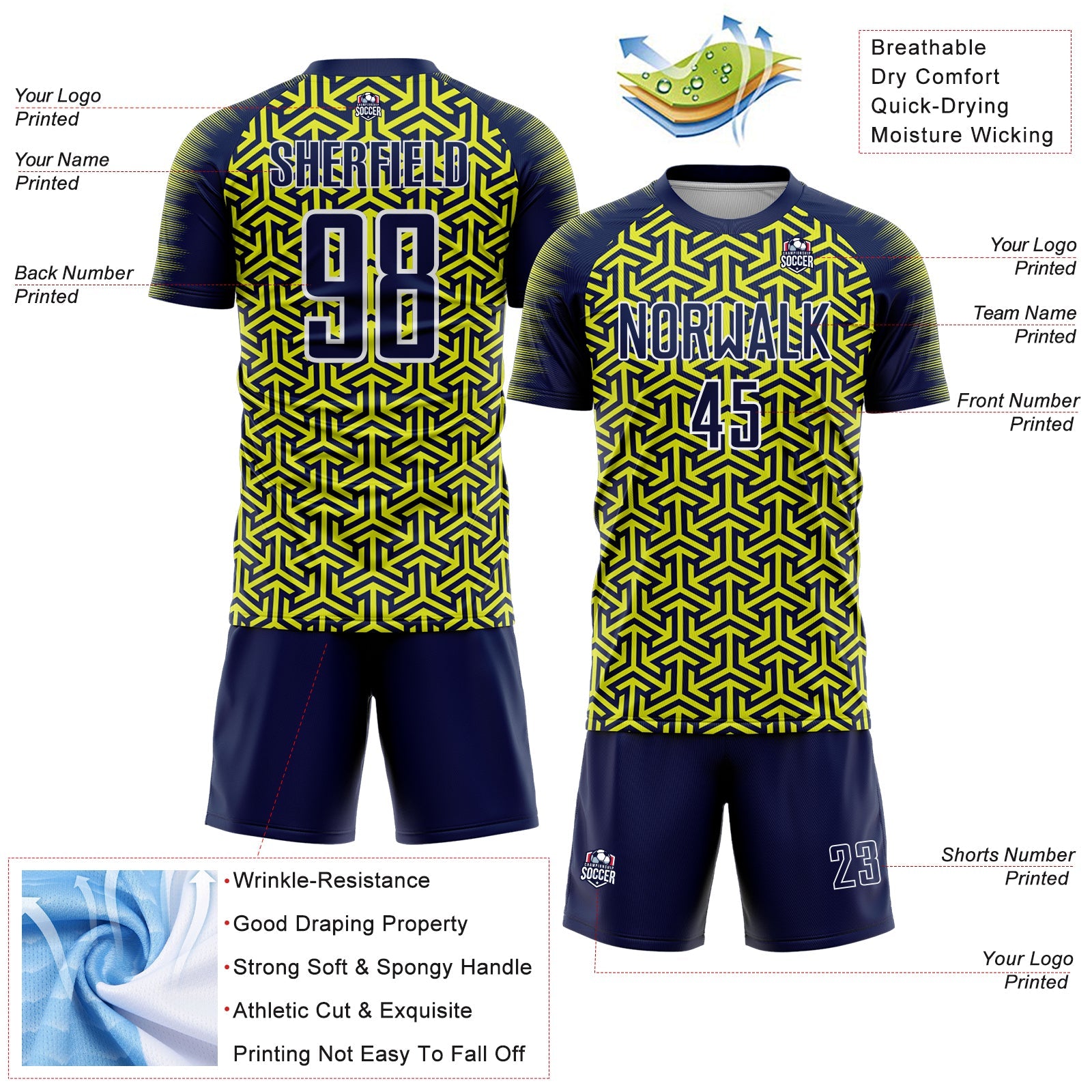 Custom Navy Neon Yellow-White Geometric Arrow Sublimation Soccer Uniform Jersey view 4