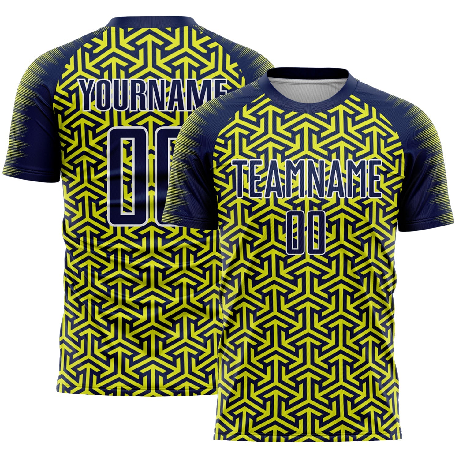 Custom Navy Neon Yellow-White Geometric Arrow Sublimation Soccer Uniform Jersey - Main View
