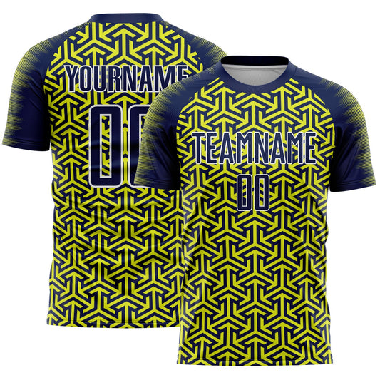 Custom Navy Neon Yellow-White Geometric Arrow Sublimation Soccer Uniform Jersey - Main View