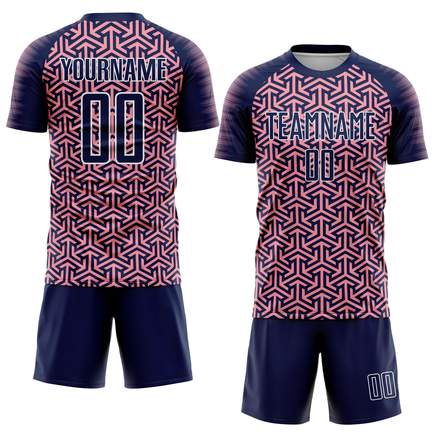 Custom Navy Medium Pink-White Geometric Arrow Sublimation Soccer Uniform Jersey view 2