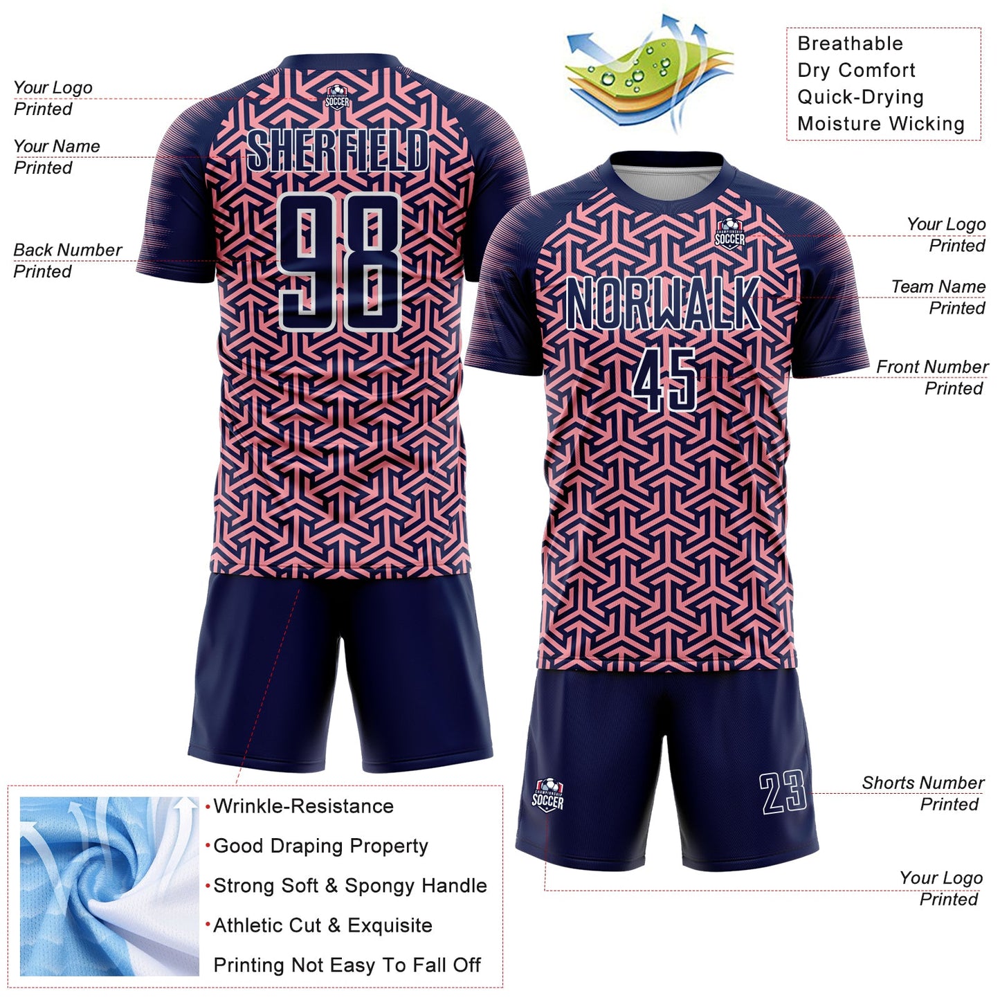 Custom Navy Medium Pink-White Geometric Arrow Sublimation Soccer Uniform Jersey view 4