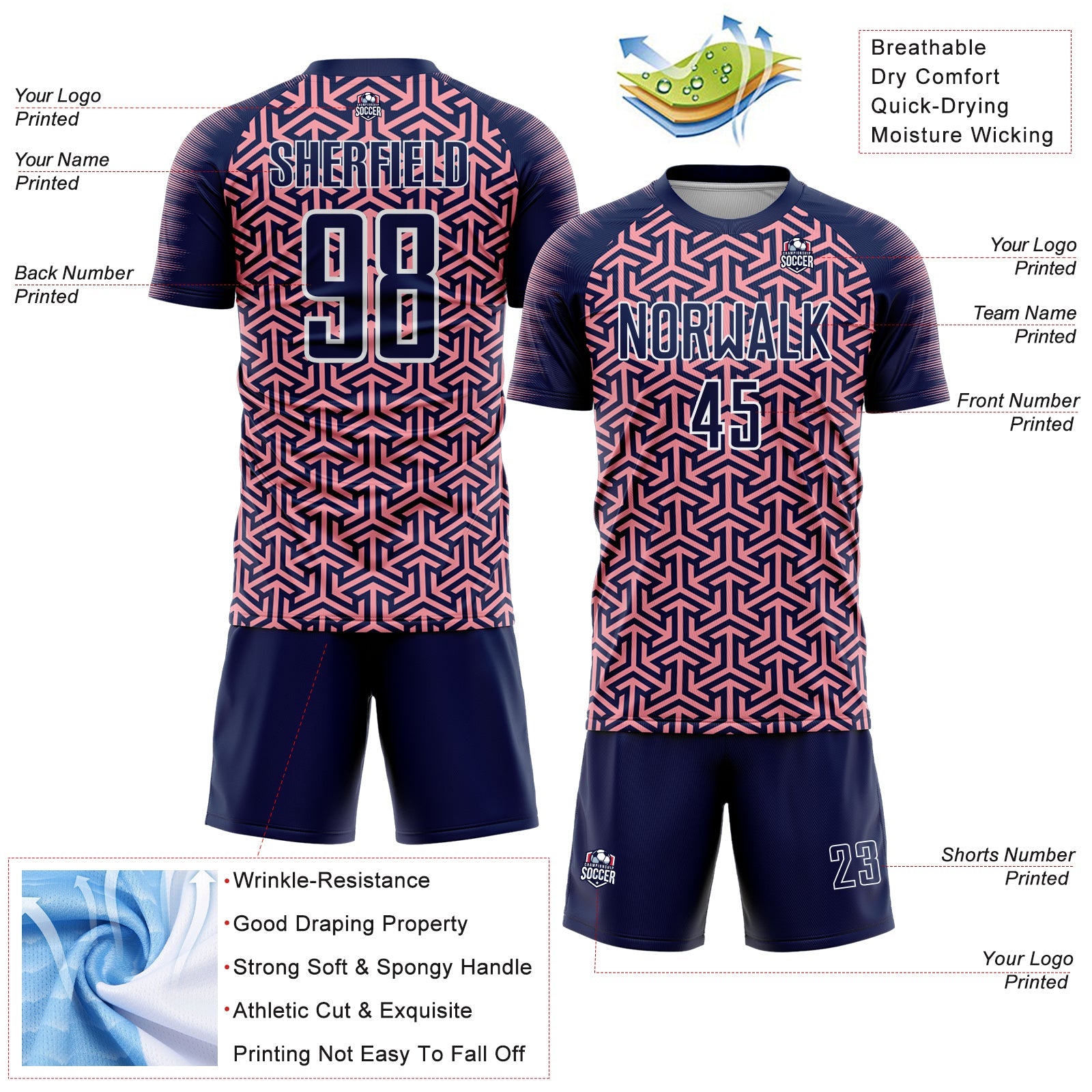 Custom Navy Medium Pink-White Geometric Arrow Sublimation Soccer Uniform Jersey view 4