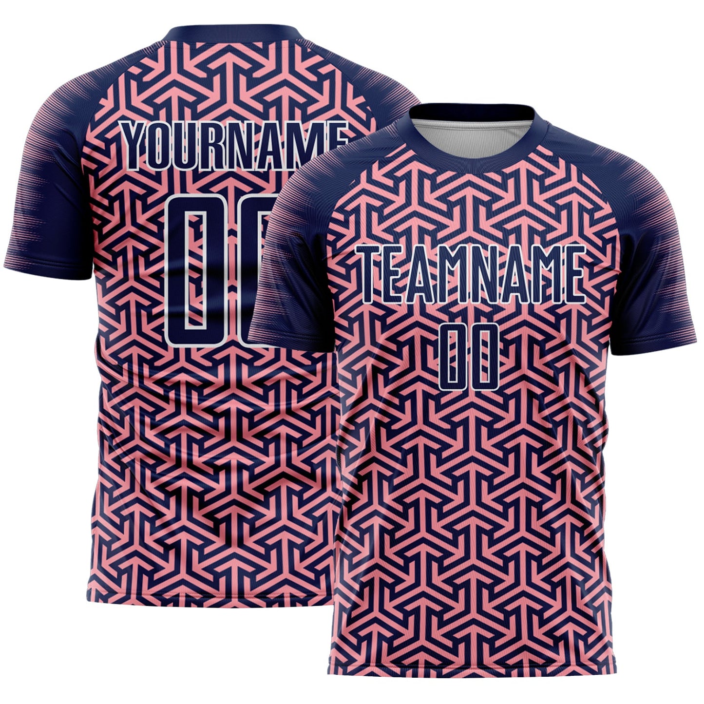 Custom Navy Medium Pink-White Geometric Arrow Sublimation Soccer Uniform Jersey - Main View