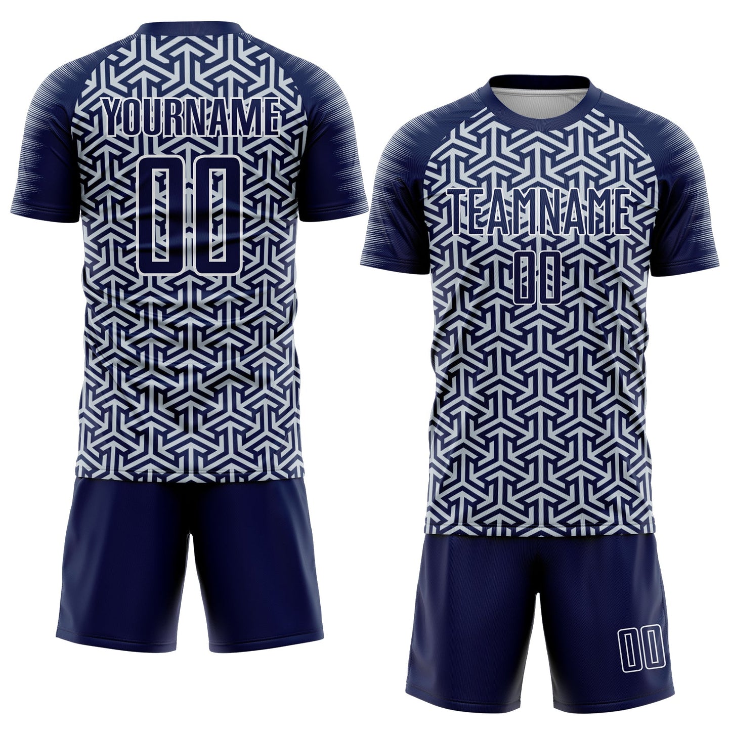 Custom Navy Silver-White Geometric Arrow Sublimation Soccer Uniform Jersey view 2