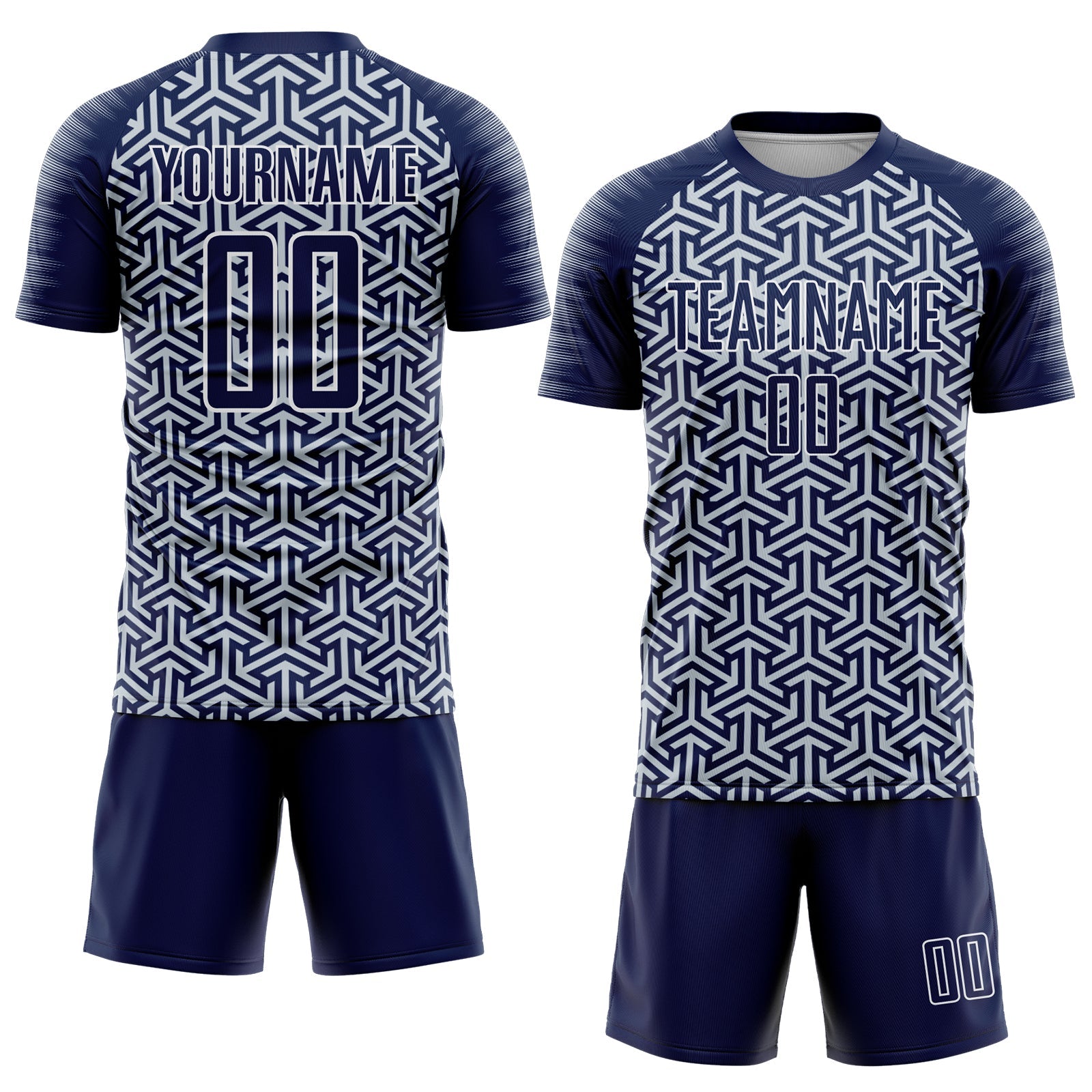 Custom Navy Silver-White Geometric Arrow Sublimation Soccer Uniform Jersey view 2