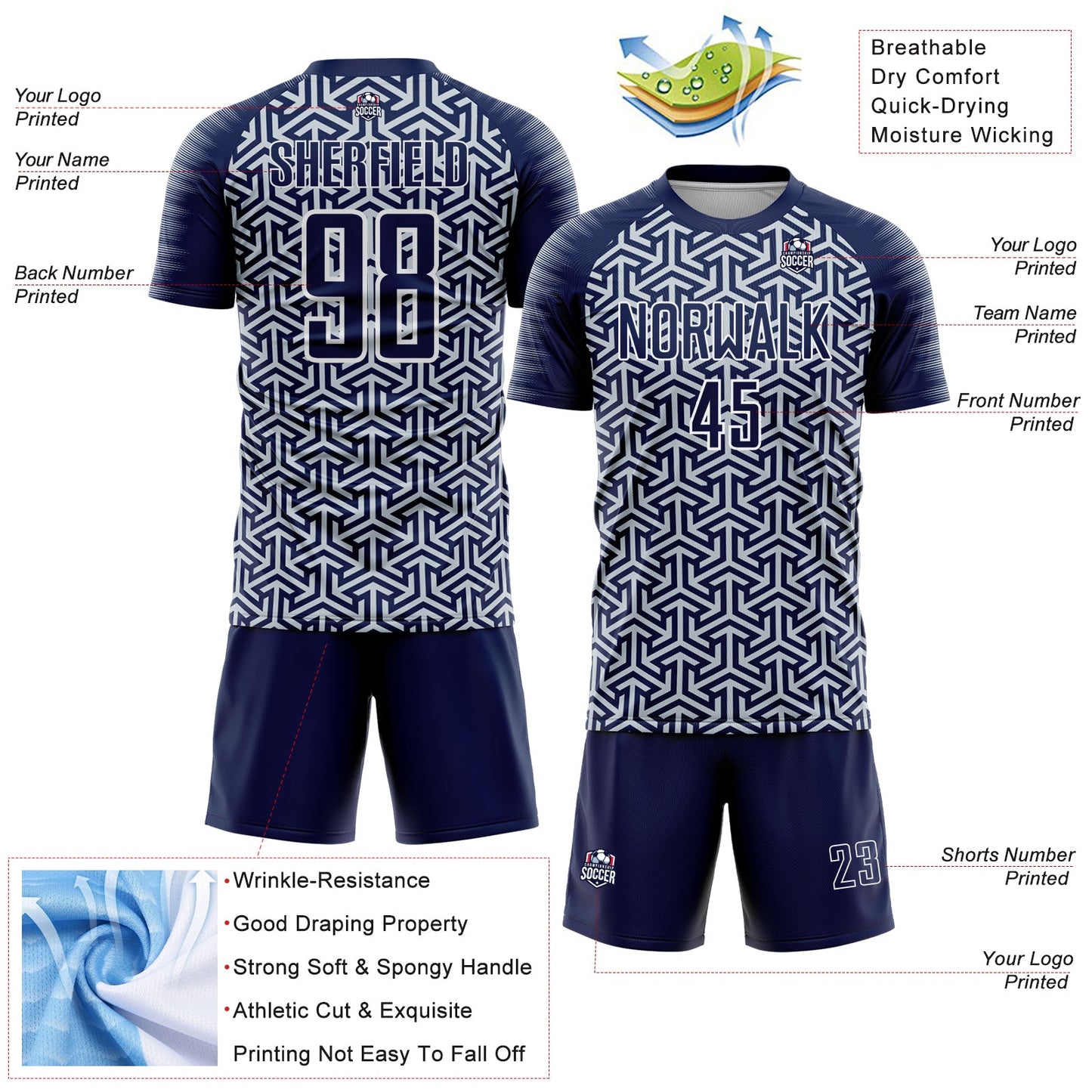 Custom Navy Silver-White Geometric Arrow Sublimation Soccer Uniform Jersey view 4
