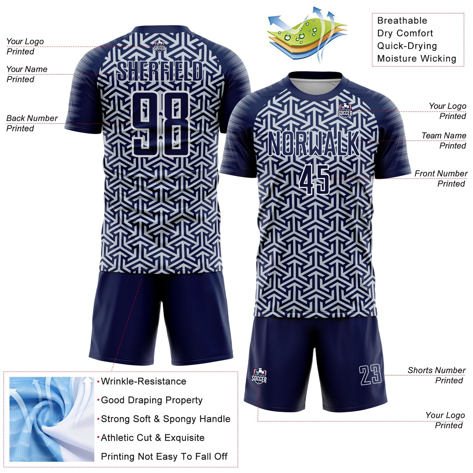 Custom Navy Silver-White Geometric Arrow Sublimation Soccer Uniform Jersey view 4