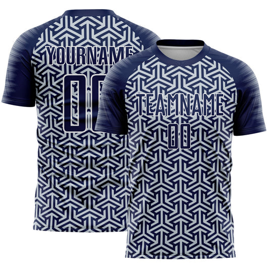 Custom Navy Silver-White Geometric Arrow Sublimation Soccer Uniform Jersey - Main View