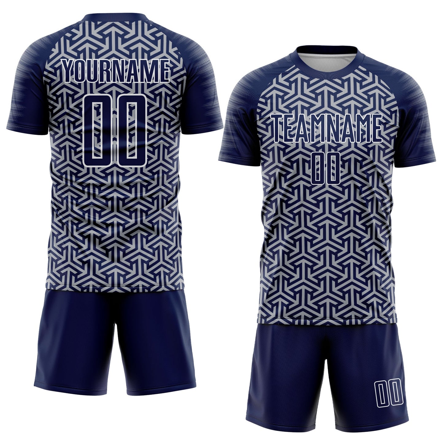 Custom Navy Gray-White Geometric Arrow Sublimation Soccer Uniform Jersey view 2