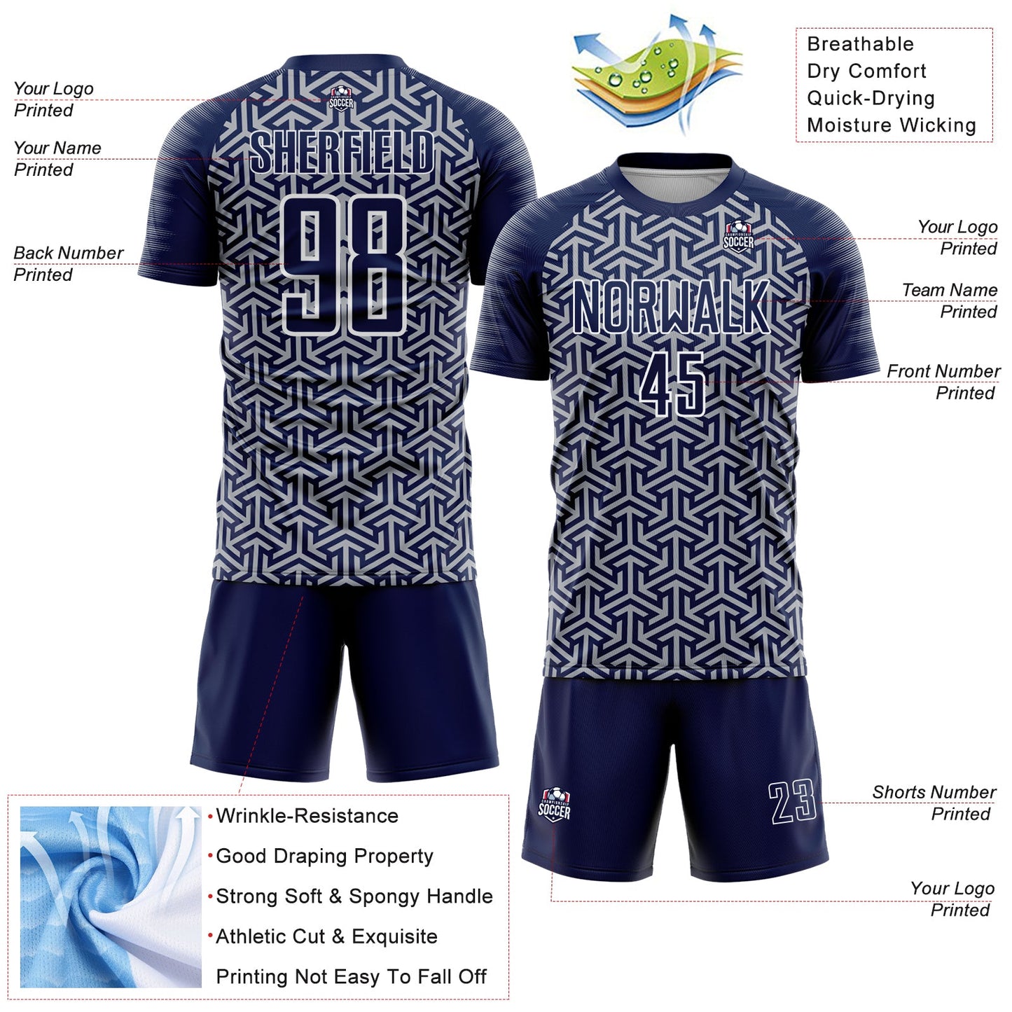 Custom Navy Gray-White Geometric Arrow Sublimation Soccer Uniform Jersey view 4