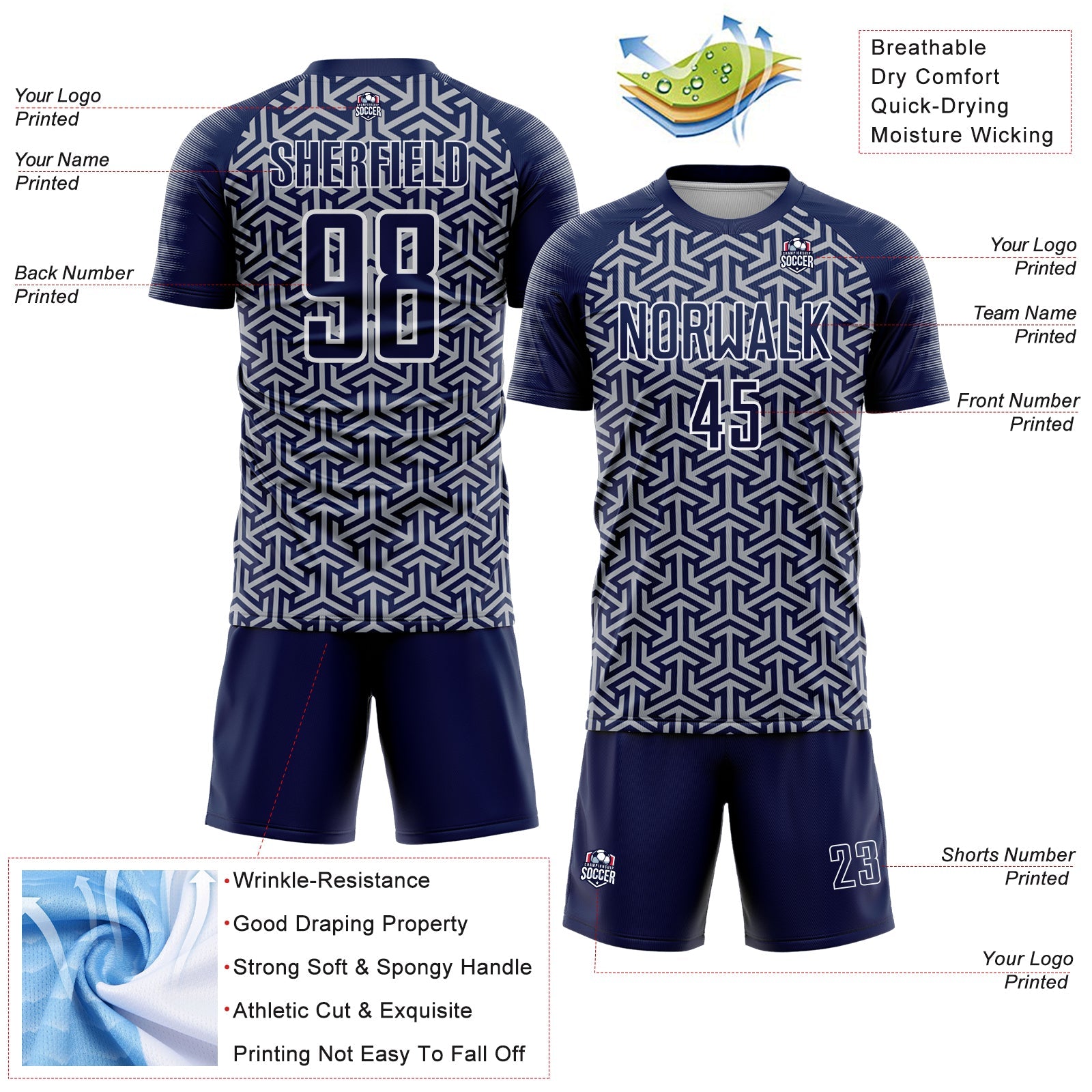 Custom Navy Gray-White Geometric Arrow Sublimation Soccer Uniform Jersey view 4