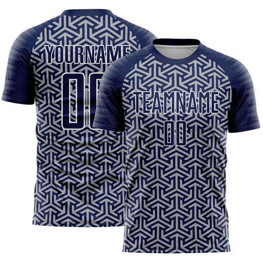 Custom Navy Gray-White Geometric Arrow Sublimation Soccer Uniform Jersey - Main View