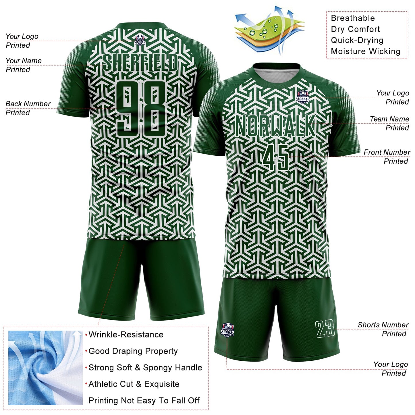 Custom Green White Geometric Arrow Sublimation Soccer Uniform Jersey view 4