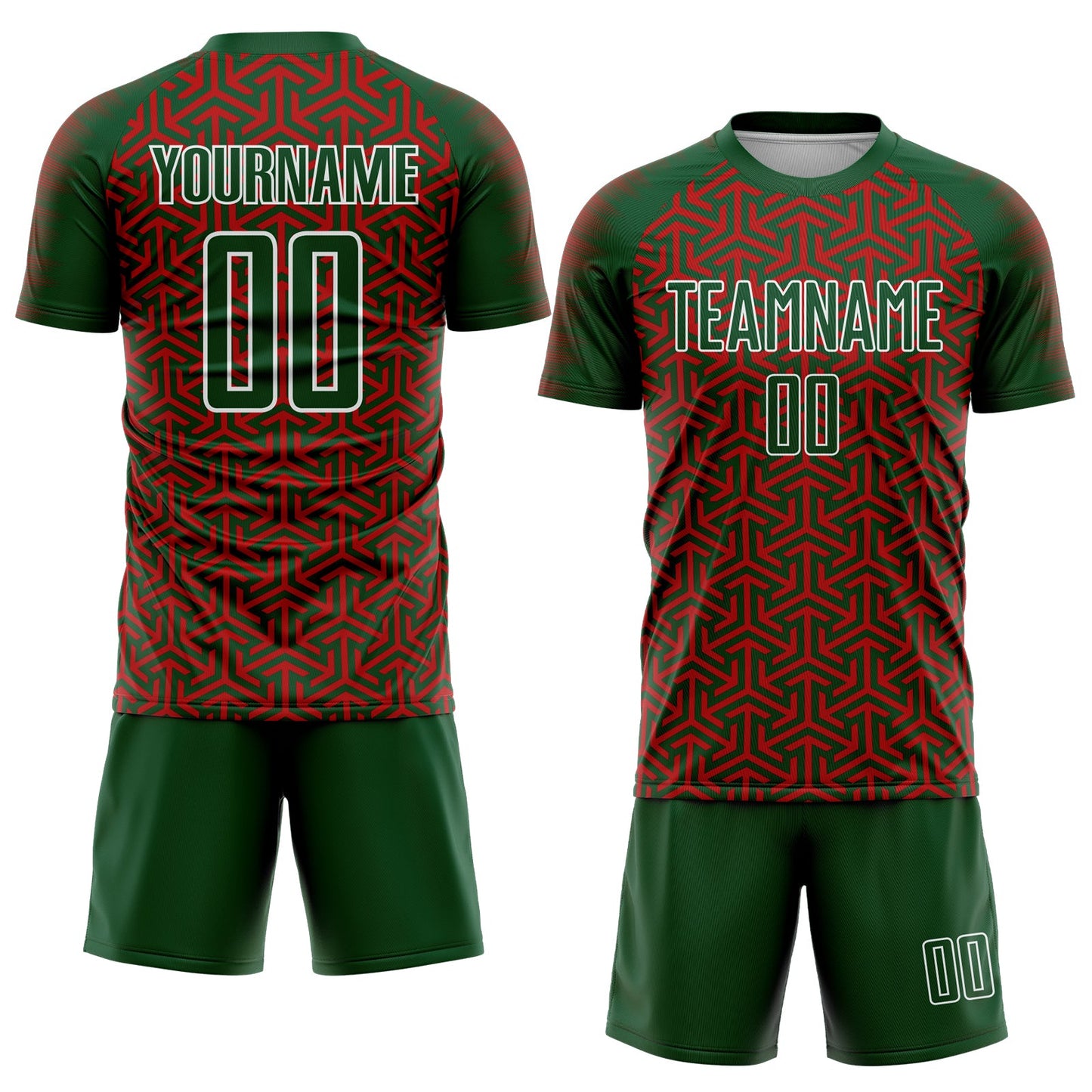 Custom Green Red-White Geometric Arrow Sublimation Soccer Uniform Jersey view 2