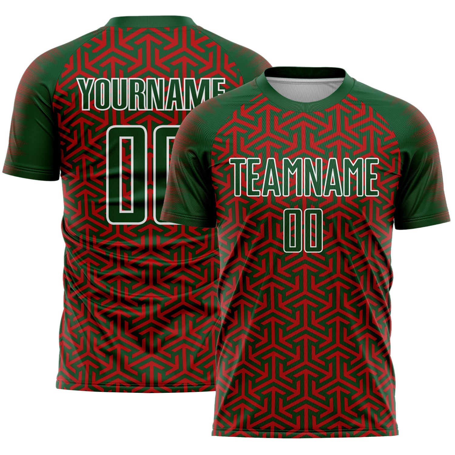 Custom Green Red-White Geometric Arrow Sublimation Soccer Uniform Jersey - Main View